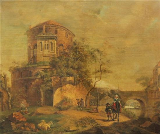 Dutch School (18C), oil on panel, River landscape with figures, sheep and ruin